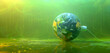 Weltkugel vor grünem Hintergrund mit Matrixstruktur, Netzstecker von rechts