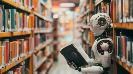 A humanoid robot is focused on reading a book in a library setting - visual for AI training models and concepts