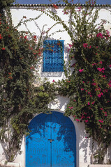 Poster - Blue architectural details in Sidi Bou Said town near Tunis city