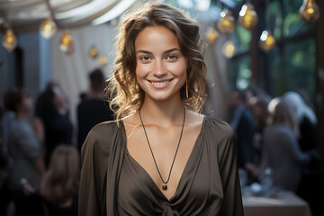 Wall Mural - A woman wearing a black dress and necklace is smiling. She is surrounded by people in a restaurant