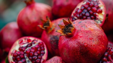 Wall Mural - Ripe pomegranates with water droplets highlighting their texture. Freshly washed pomegranates ready for consumption. Vibrant red pomegranates in a close-up shot with a soft-focus background.