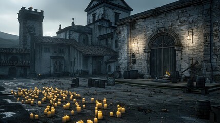 Sticker - a lot of candles that are in front of a building with a clock on the side of the building and a lot of lights on the side of the building.