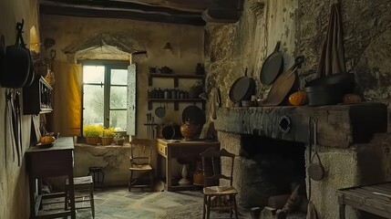 Poster - an old fashioned kitchen with a fireplace in the middle of the room with pots and pans on the shelves.