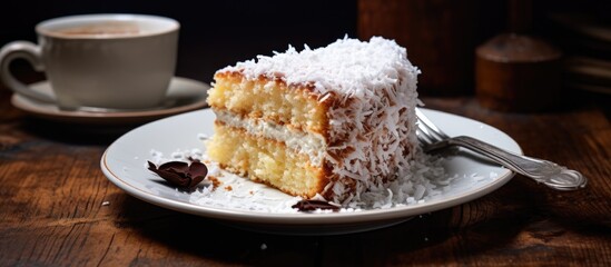 Poster - A delicious slice of cake is placed on a plate with a fork next to a cup of coffee, creating a tempting display of baked goods and serveware