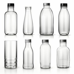 Glass water containers. bottles  in various shapes and sizes and glass isolated on white background