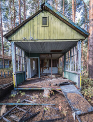 Sticker - Ruined holiday cottage in Izumrudnoe summer camp in Chernobyl Exclusion Zone, Ukraine