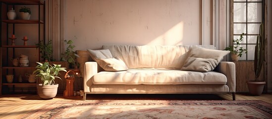 Poster - A cozy living room in a building with hardwood flooring, featuring a comfortable couch, a soft rug, plants in flowerpots, and a window for natural light