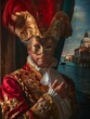 Historisch gekleideter eleganter Mann mit rotem aufwendig geschmücktem Jacket und Hut mit Federn vor einem Vorang mit Hintergrund des Canale Grande in Venedig 