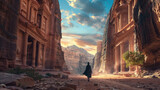 Fototapeta Fototapeta uliczki - Alone individual person in a cloak walks down a narrow street flanked by tall rock buildings in a desert with the warm glow of sunrise illuminating the surrounding sandstone cliffs
