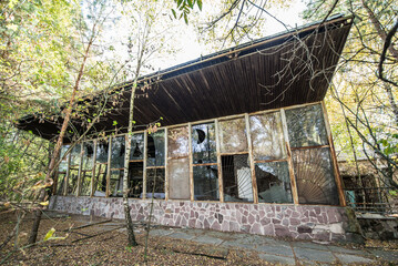 Sticker - Ruined building of Cafe Pripyat in Pripyat ghost city in Chernobyl Exclusion Zone, Ukraine