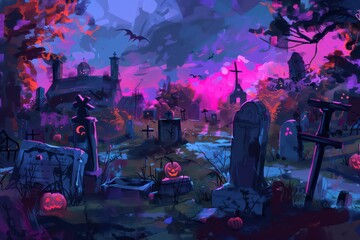 haunted graveyard night with tombstones