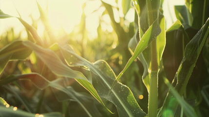 Canvas Print - Sunlight filtering through green cornstalks in a field at sunrise or sunset.