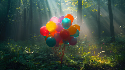 Colorful balloons with red, blue, and yellow hues against a blurred forest background, conveying a sense of celebration or happiness.