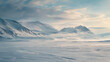 Serene arctic landscape with snow-covered mountains and mist, conveying a tranquil and cold environment.
