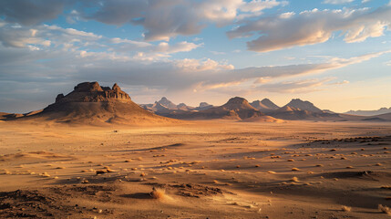 Canvas Print - Golden sunset over a serene desert landscape with majestic mountains in the background.