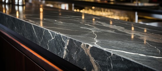 Sticker - A detailed shot of a sleek black marble bar counter in a restaurant, contrasted by the warm tones of wooden flooring, creating a cozy and modern ambiance