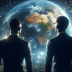 Wall Mural - Two black men in suits looking at a holographic map of Africa.