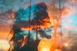 abstract wallpaper with face of a woman super imposed over forest in the sunset