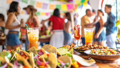 cinco de mayo party with food and drinks in the foreground and a group of people celebrating