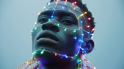 Sticker - a close up of a mannequin's face with a string of lights on it's head.