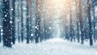 blur snow falling in pine forest scene festive winter holiday and christmas new year background concept