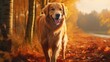 Happy golden retriever against a backdrop of autumn nature, portraying the joys of fall activities for dogs. Essential fall care tips for your canine companion.