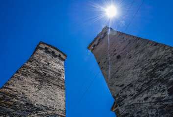 Canvas Print - Characteristic Svan towers in Zhibiani, one of villages of Ushguli community in Svanetia region, Georgia