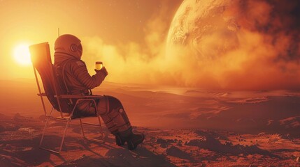 Wall Mural - astronaut, in a chair, while drinking beer on a planet generative ai