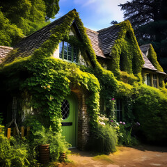 Canvas Print - A charming cottage covered in ivy in a countryside