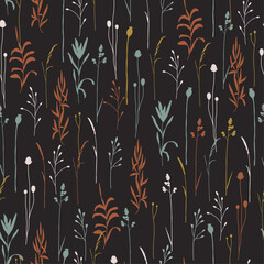 Wall Mural - stylish hand drawn seamless pattern with dry herbs, flowers and leaves on dark background. natural c