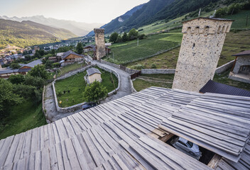 Poster - View form the roof of Svan tower in Mestia town, Svanetia region, Georgia