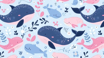 Wall Mural - illustration of pink and blue whales generative ai