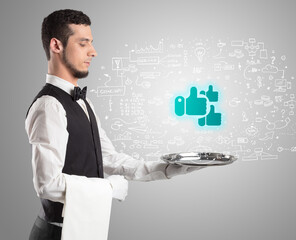 Wall Mural - Close-up of waiter serving social media icons