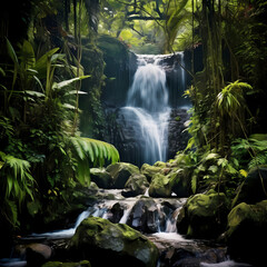 Sticker - A dynamic waterfall in a lush rainforest.