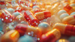 A detailed view of numerous red and white antibiotic pill capsules grouped together, showcasing healthcare and medication.