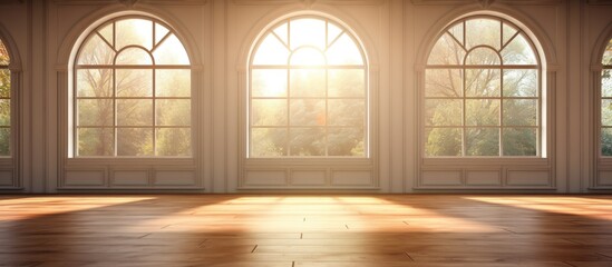 Sticker - The sunlight filters through the hardwood arches and glass fixtures of the empty room, highlighting the symmetry of the buildings design with tints and shades