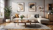 Modern Appeal, Light Gray Sectional, Circular Timber Coffee Table, Abstract Wall Artwork, generative ai