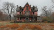 Haunted house in daytime very derelict with broken windows and overgrown weeds 