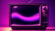 80s Retro wave style background displayed on vintage tv screen. VHS noise and glitch effects. Bright purple colors. Old display created with generative ai	