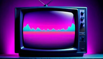 80s Retro wave style background displayed on vintage tv screen. VHS noise and glitch effects. Bright purple colors. Old display created with generative ai	