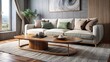 Sleek Comfort, Light Gray Sectional, Circular Wooden Coffee Table, Abstract Wall Ornamentation, generative ai