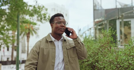 Poster - business, walking and phone call with black man, smile and connection with sunshine and new york cit