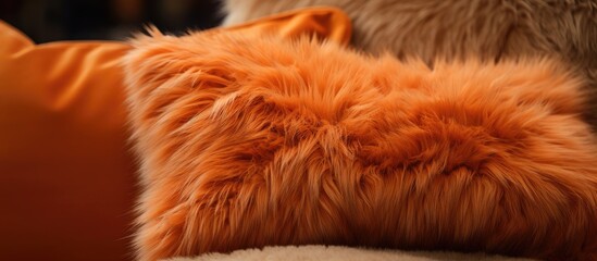 Poster - A closeup of a fluffy orange pillow on a couch resembles the fur of a cat from the Felidae family. The comfort it provides is reminiscent of small to mediumsized cats with whiskers and a fawn snout