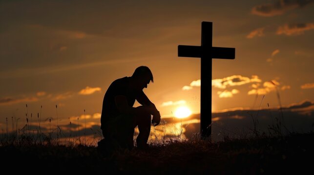 man praying in front of a cross, surrounded by a beautiful sunrise generative ai