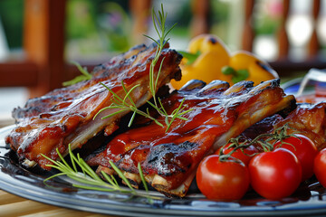 Wall Mural - juicy bbq ribs with vegetables outdoors on a spring barbecue, generative AI