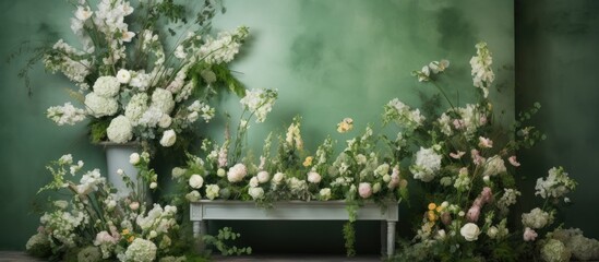 Sticker - A building with a facade covered in white flowers, surrounded by grass and a bench. The landscape includes trees and clouds, creating a serene atmosphere for events