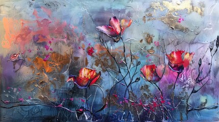 Wall Mural - Abstract Floral Landscape with Metallic Texture and Organic Elements in Expressive Mixed Media Painting Style