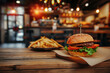 juicy hamburger with beef and vegetables and french fries lie on a wooden table in a fast food restaurant, generative AI