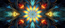 A Beautiful Artistic Composition Resembling A Kaleidoscope With A Stunning Flower At Its Center. The Symmetrical Patterns Create An Electric Blue Fractal Art Piece Inspired By Terrestrial Plants