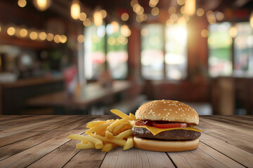 Wall Mural - juicy hamburger with beef and vegetables and french fries lie on a wooden table in a fast food restaurant, generative AI